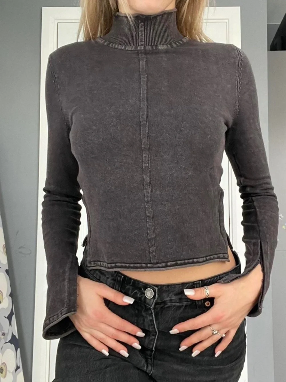 ZARA Ribbed mock Neck Long Sleeve shirt Hook & Eye Closure Gray Size Medium